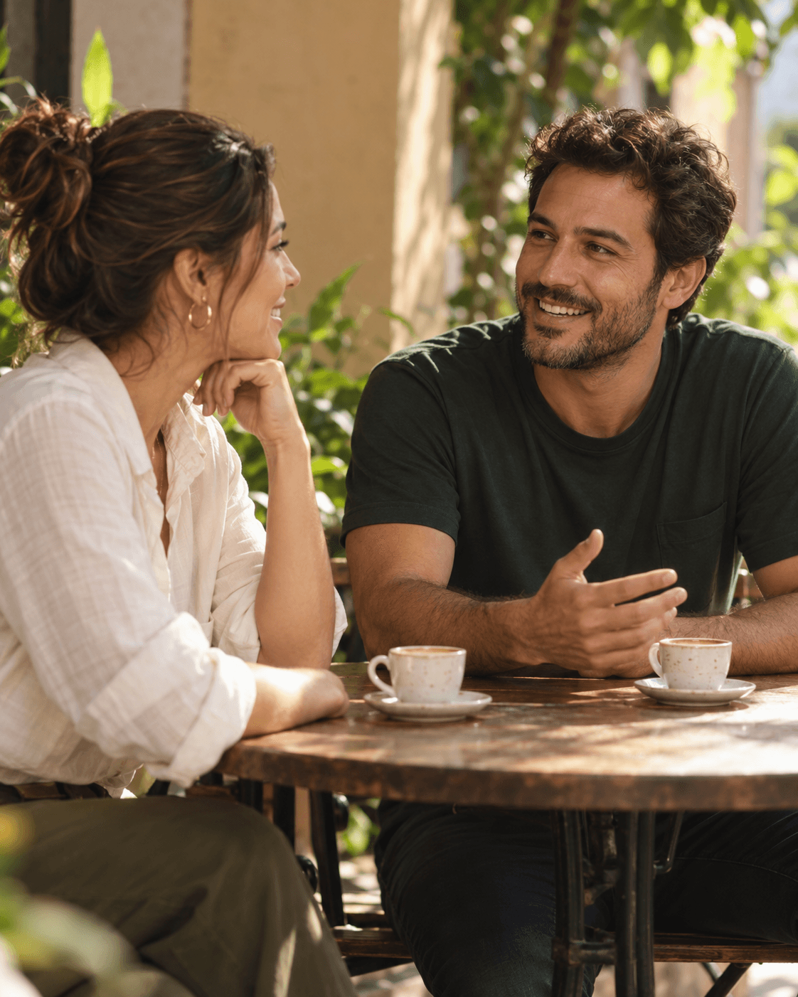 Duas pessoas conversam com interesse em um café de bairro. Imagem ilustrativa.
